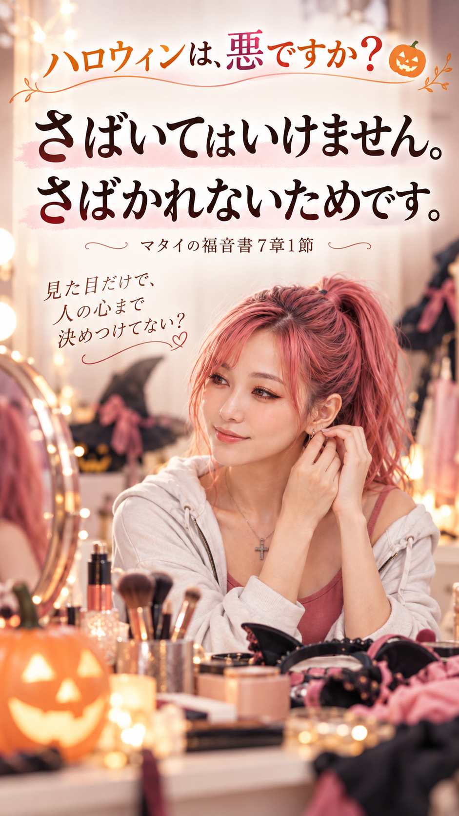 ハロウィンのコスプレ準備をしているピンク髪のはらぺこ僧侶。マタイの福音書7章1節の御言葉「さばいてはいけません。さばかれないためです。」を大きく配した縦長の見出し画像。