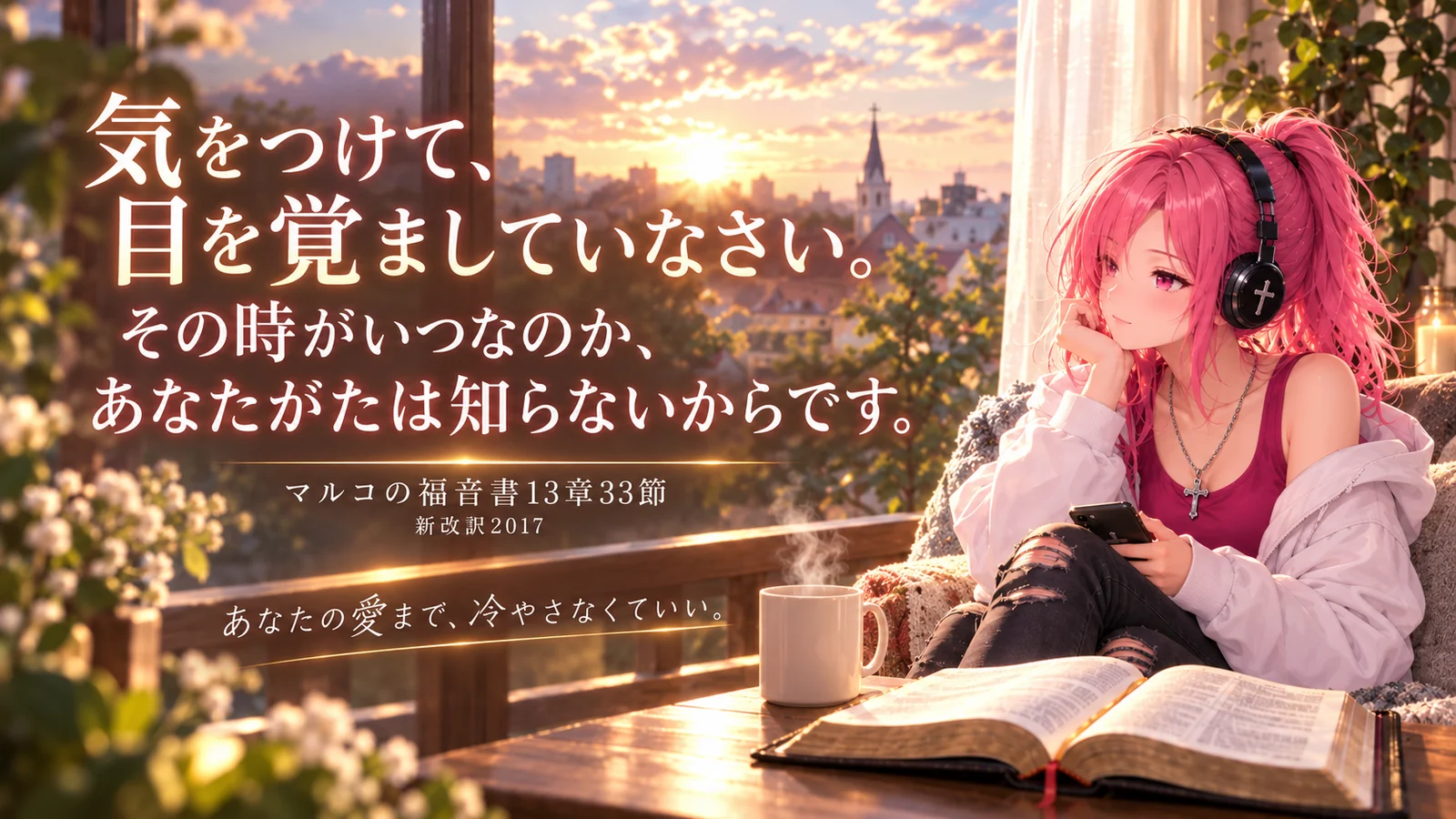 朝焼けの窓辺で、ピンク髪のはらぺこ僧侶が聖書とスマートフォンを前に静かに考える見出し画像。『気をつけて、目を覚ましていなさい。』というマルコの福音書13章33節の御言葉を主役に掲載