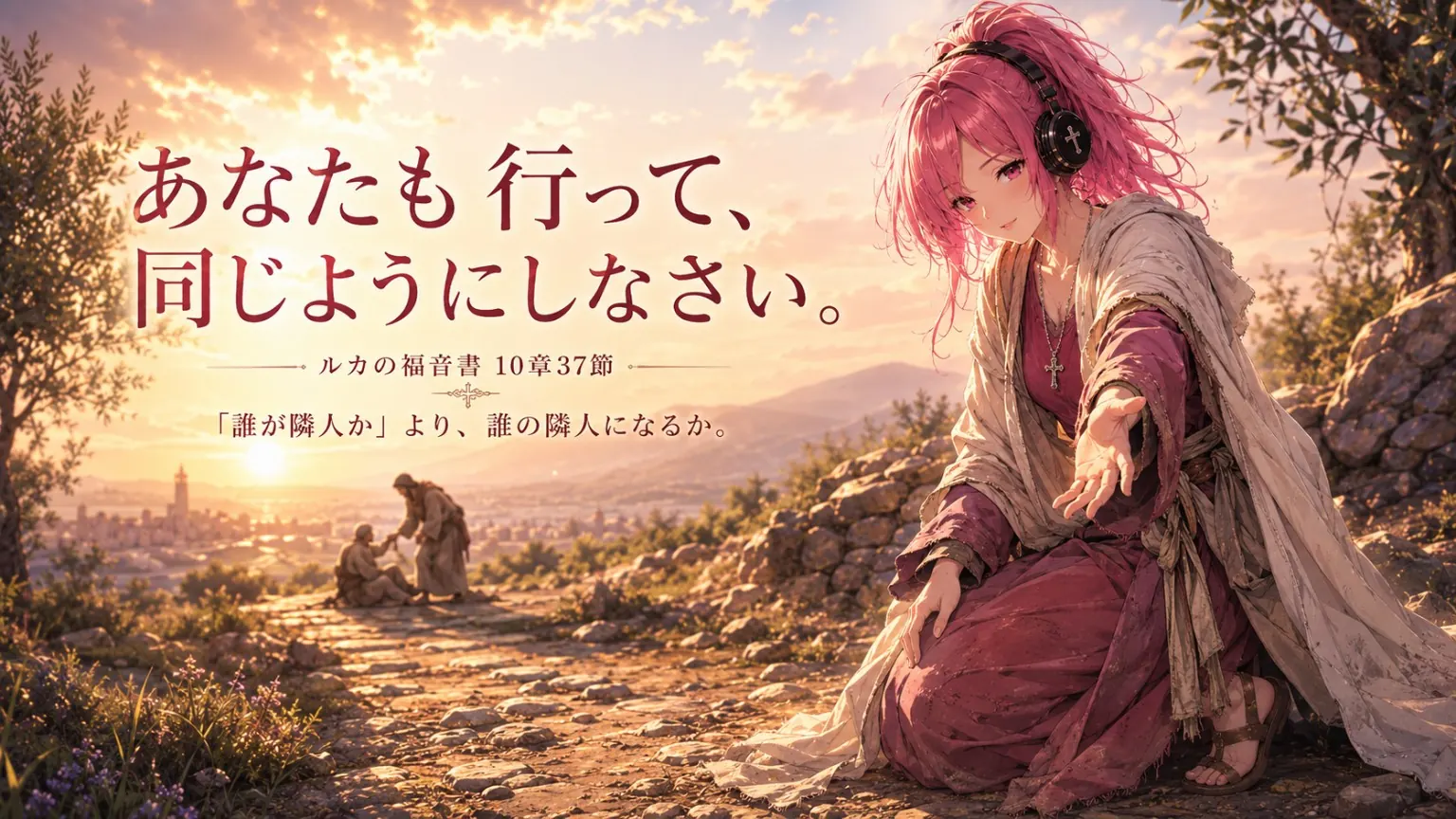 ルカの福音書10章37節の「あなたも行って、同じようにしなさい。」を大きく配置し、隣人になるはらぺこ僧侶を描いた朝Message見出し画像