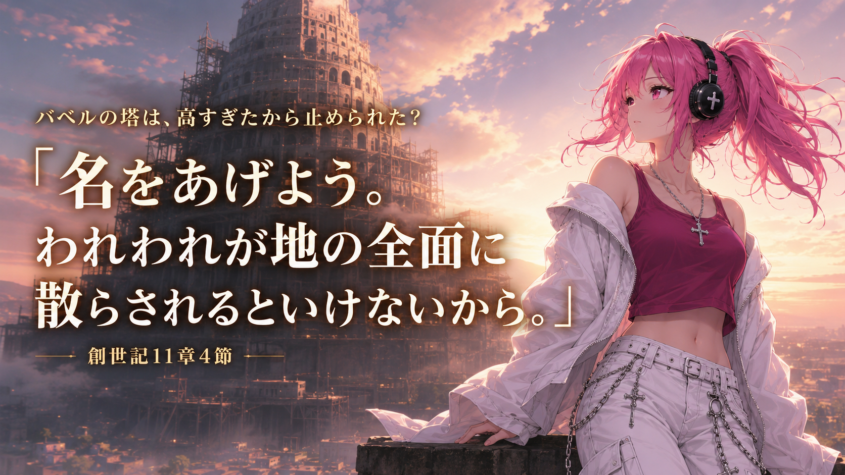 バベルの塔を背景に立つはらぺこ僧侶と、「名をあげよう。われわれが地の全面に散らされるといけないから。」創世記11章4節を大きく配置した朝Message見出し画像