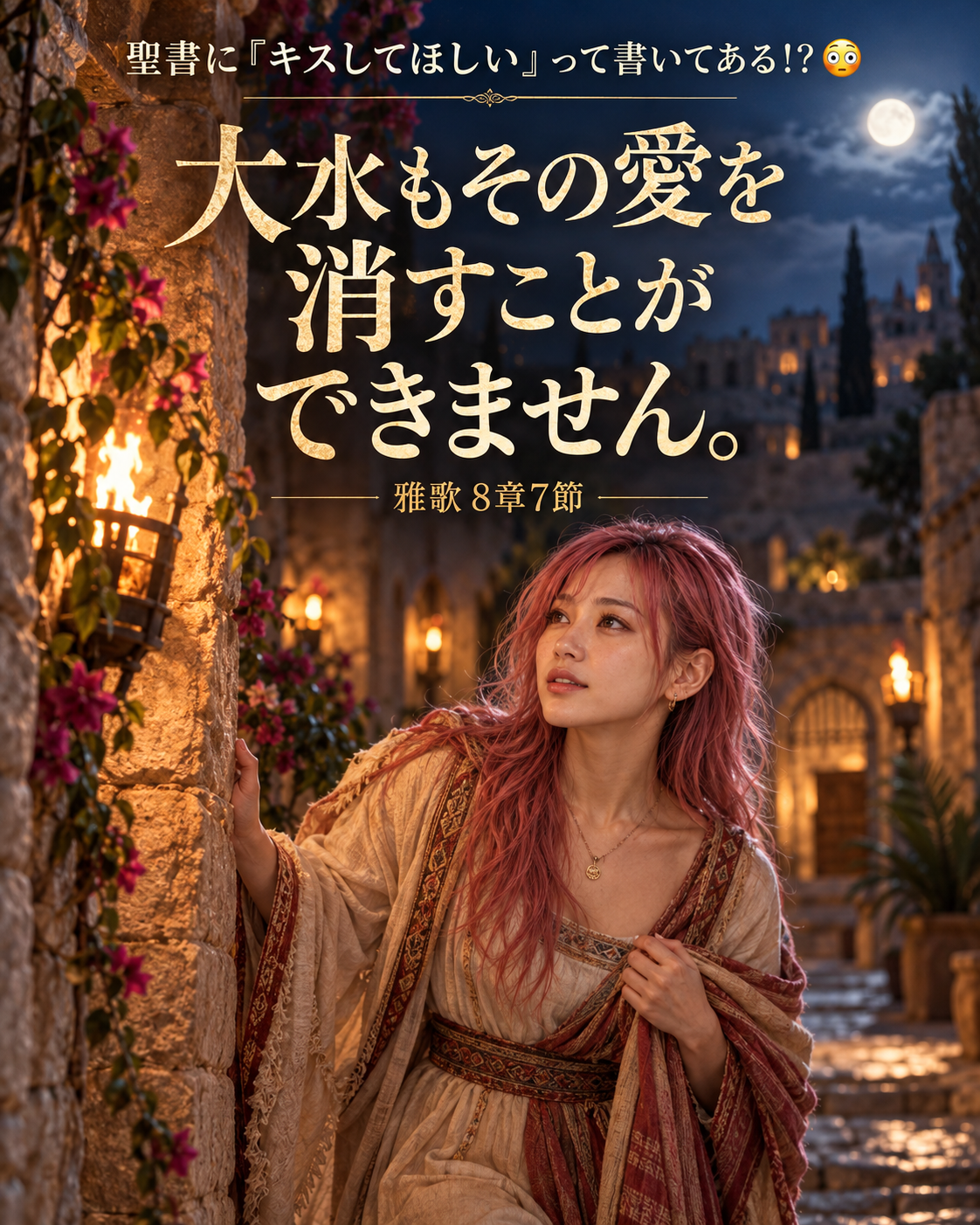 古代の石造りの町を夜に歩き、愛する人を探すピンク髪の女性。雅歌8章7節「大水もその愛を消すことができません。」の御言葉が大きく描かれた縦長の実写調画像。