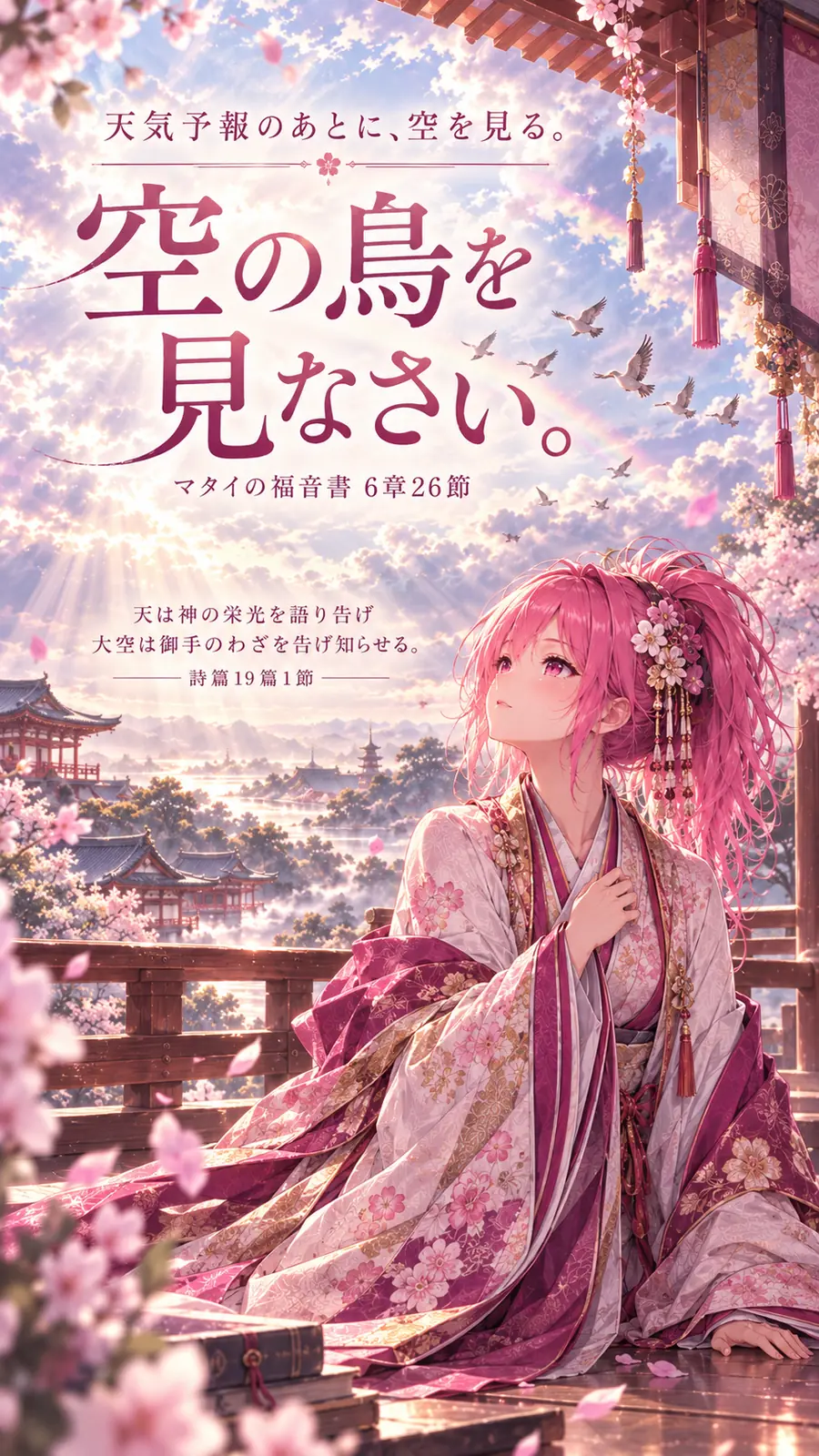 平安時代を思わせる装いのはらぺこ僧侶が雨上がりの空を見上げる縦長イラスト。『空の鳥を見なさい。』マタイの福音書6章26節を主役にした見出し画像。