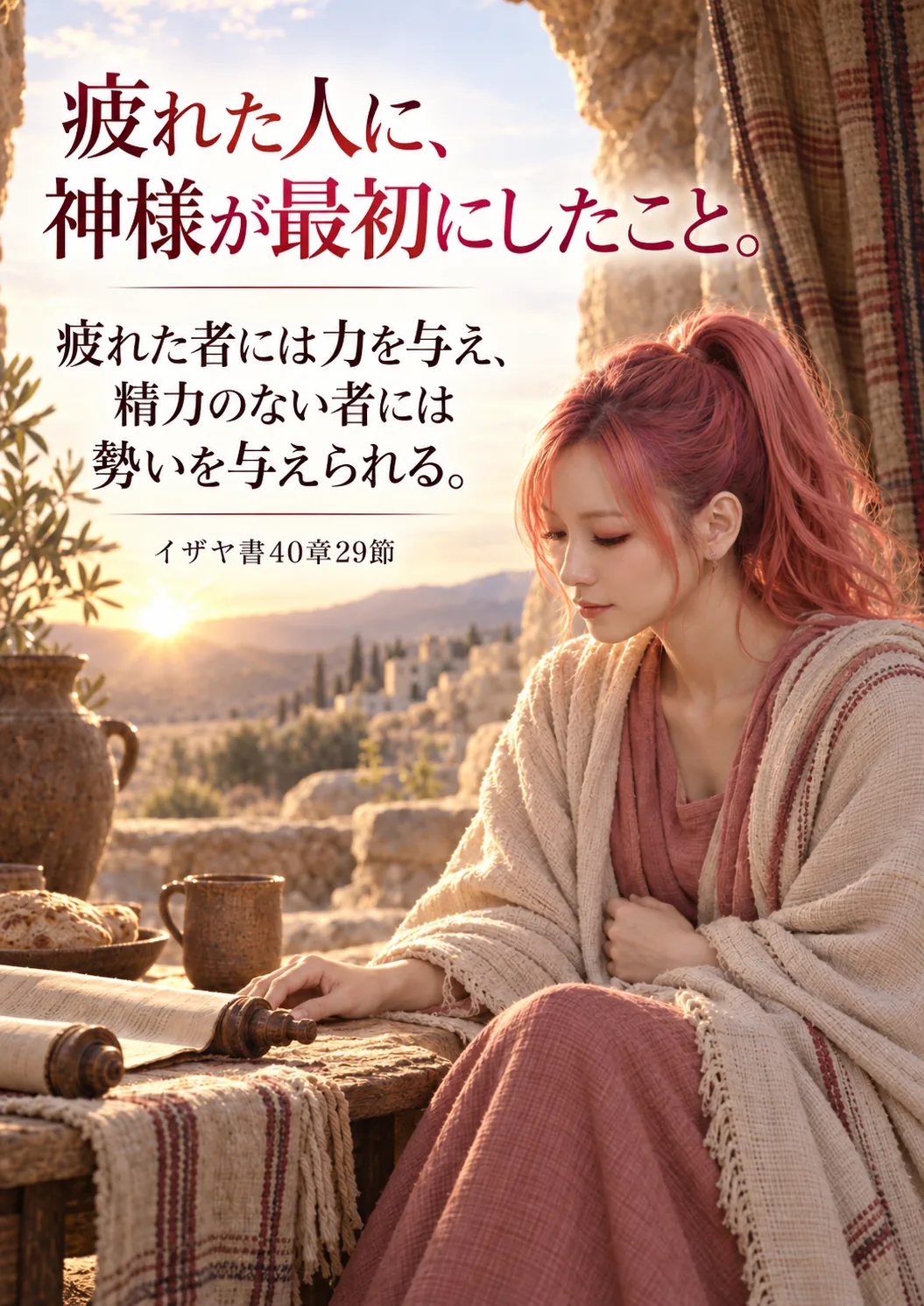 聖書時代を思わせる朝の風景で、疲れから回復へ向かうはらぺこ僧侶が巻物に目を落とす実写調の縦長見出し画像。「疲れた者には力を与え、精力のない者には勢いを与えられる。」イザヤ書40章29節を主役にしている。