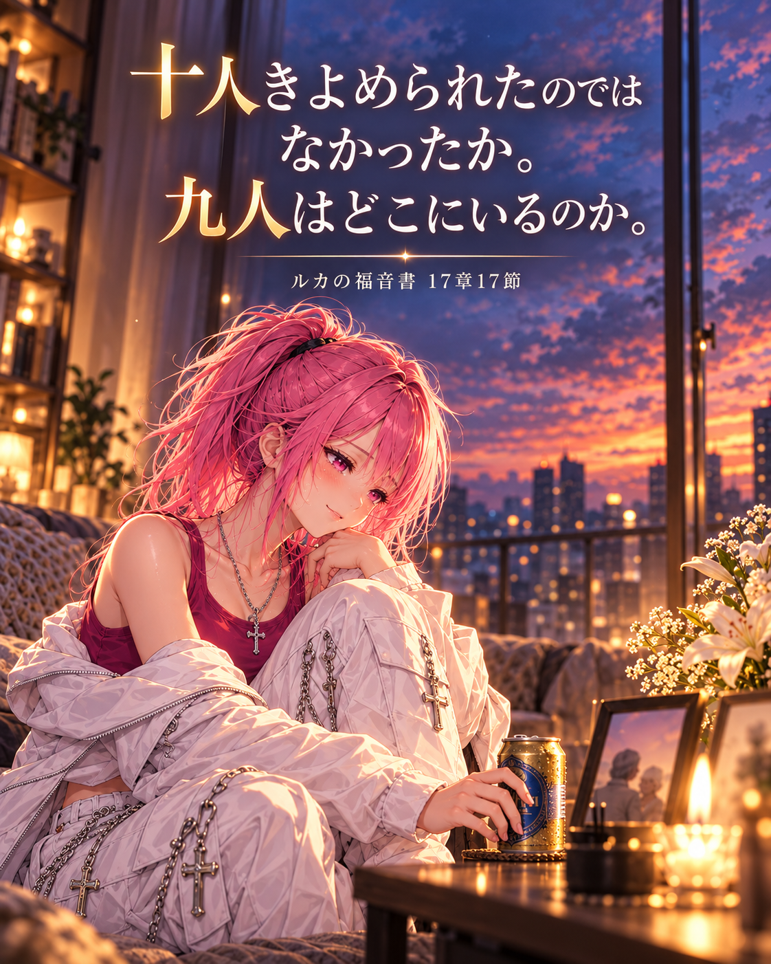 夕暮れの部屋で、父母を思いながらビールの缶に手を添えるピンク髪の女性。上部に「十人きよめられたのではなかったか。九人はどこにいるのか。」とルカの福音書17章17節の御言葉が大きく配置された朝Messageの見出し画像。
