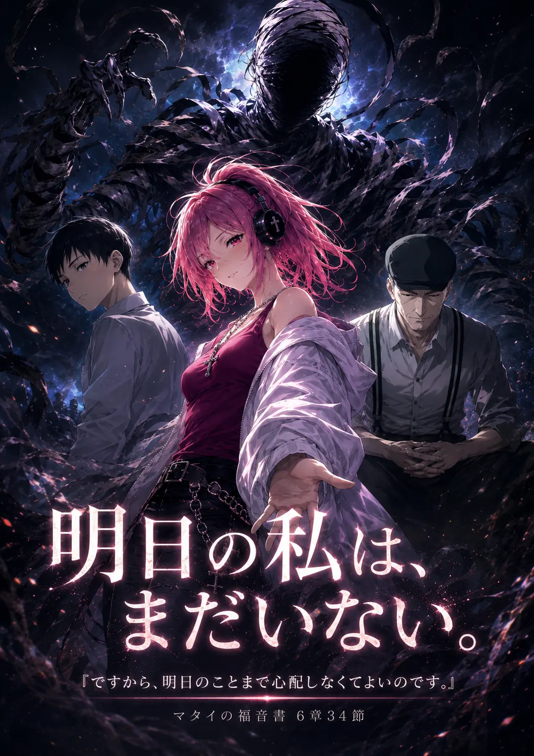黒い幽霊を背に、永井圭、佐藤、ピンク髪のはらぺこ僧侶が並ぶ劇的な縦長ポスター。『明日の私は、まだいない。』とマタイの福音書6章34節を大きく配置した見出し画像