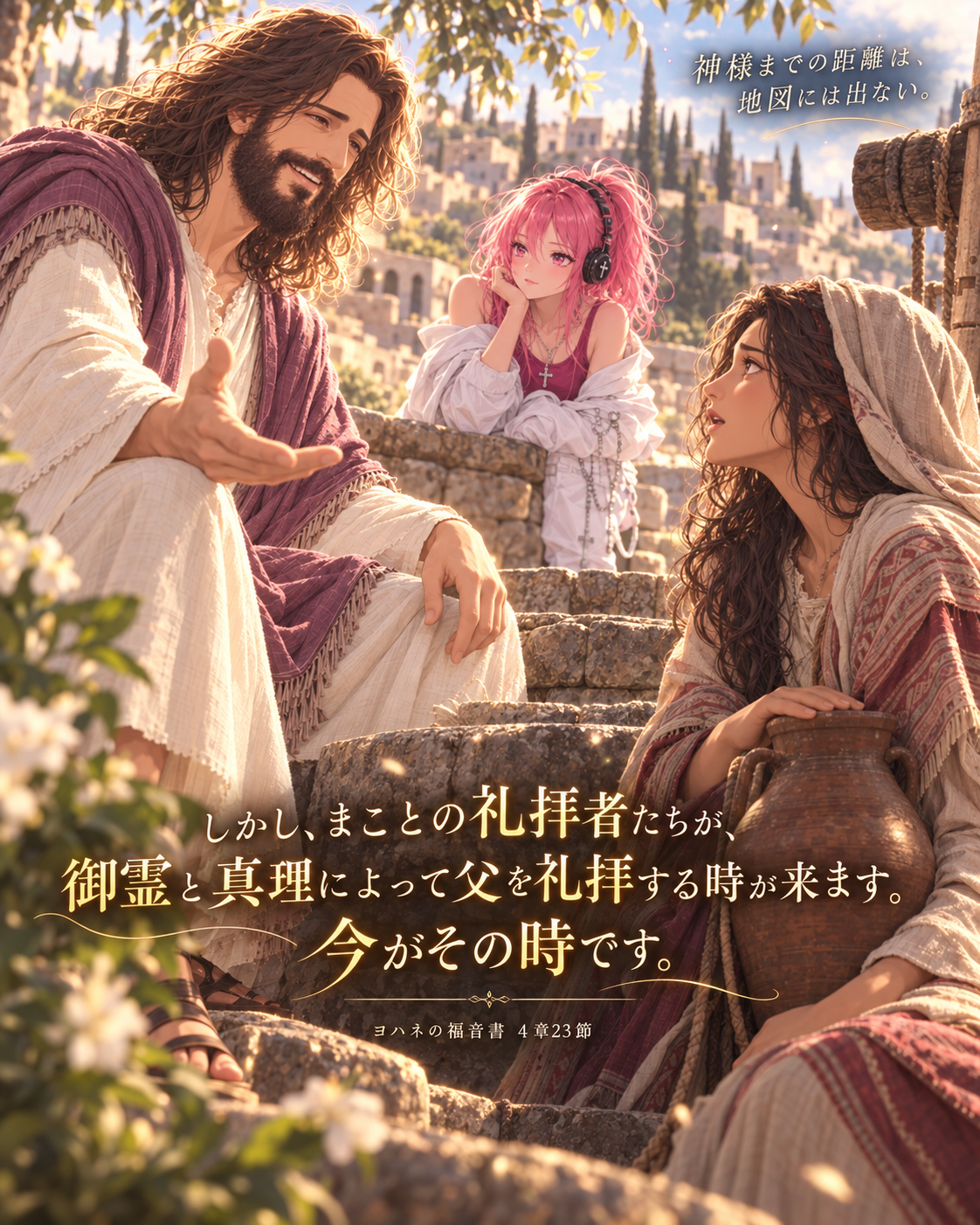 井戸端でサマリア人の女性と語るイエスさんを、はらぺこ僧侶が見つめる場面。ヨハネの福音書4章23節「御霊と真理によって父を礼拝する時が来ます。今がその時です。」を主役にした見出し画像