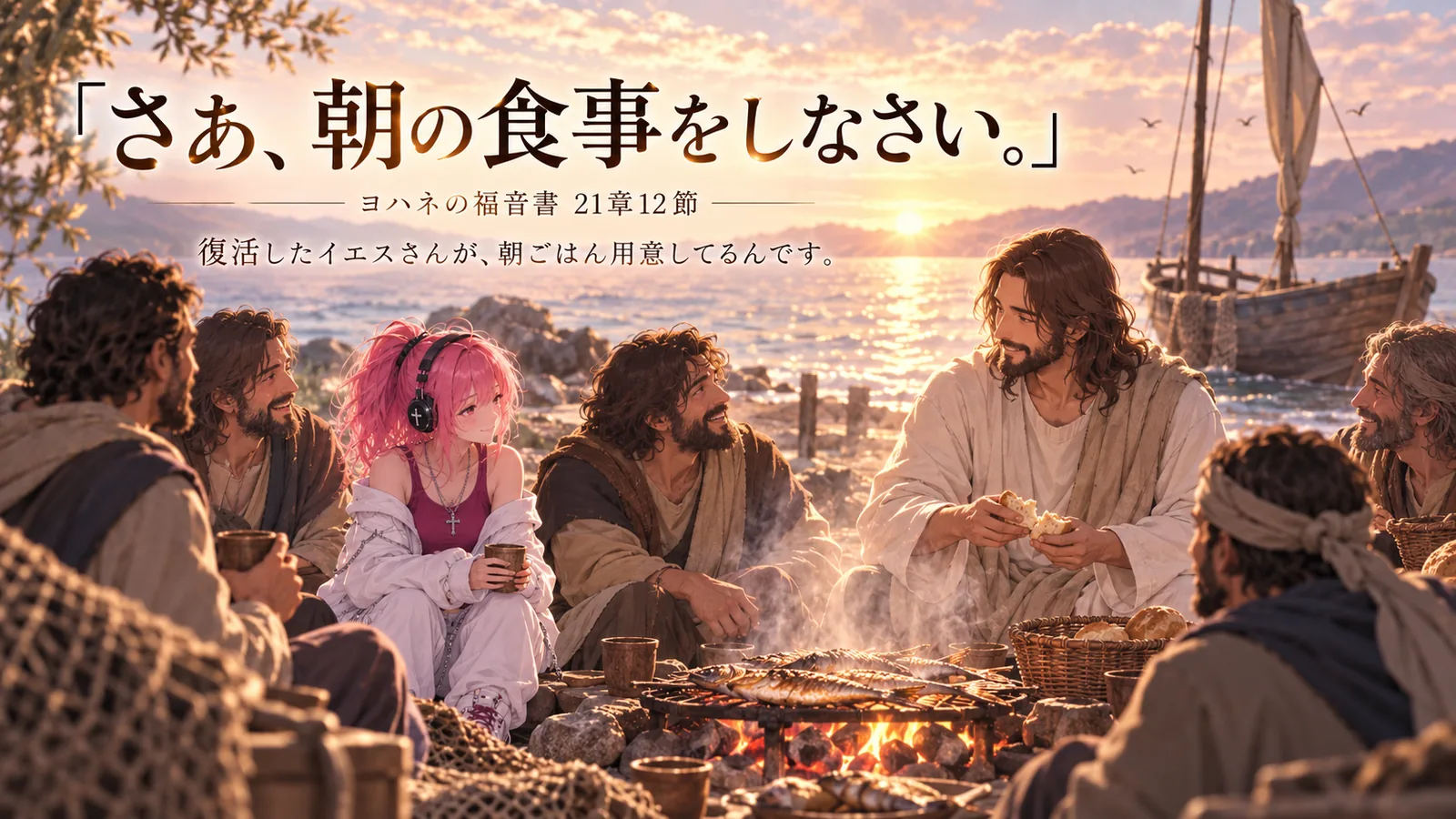 夜明けの湖畔で、復活したイエスさんが炭火と魚とパンを用意し、弟子たちとはらぺこ僧侶が集う場面。『さあ、朝の食事をしなさい。』ヨハネの福音書21章12節を主役にした見出し画像。