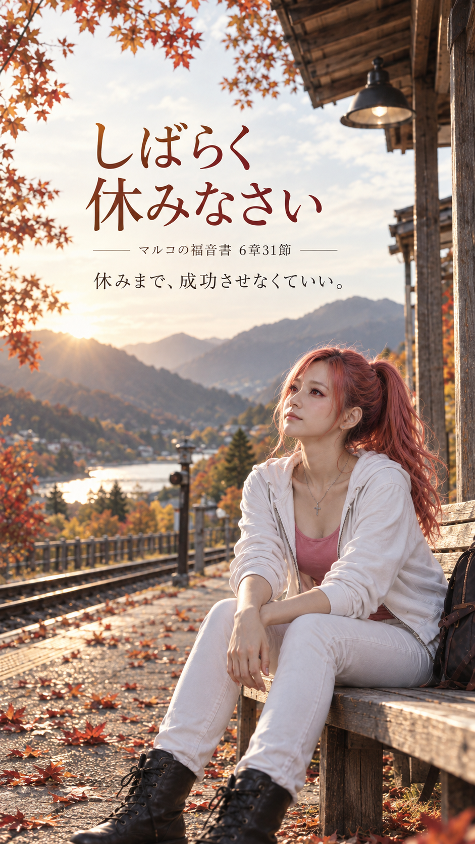 秋の山あいの駅で、紅葉と線路を背景にベンチで休むはらぺこ僧侶。『しばらく休みなさい』『マルコの福音書6章31節』『休みまで、成功させなくていい。』と記した縦型見出し画像