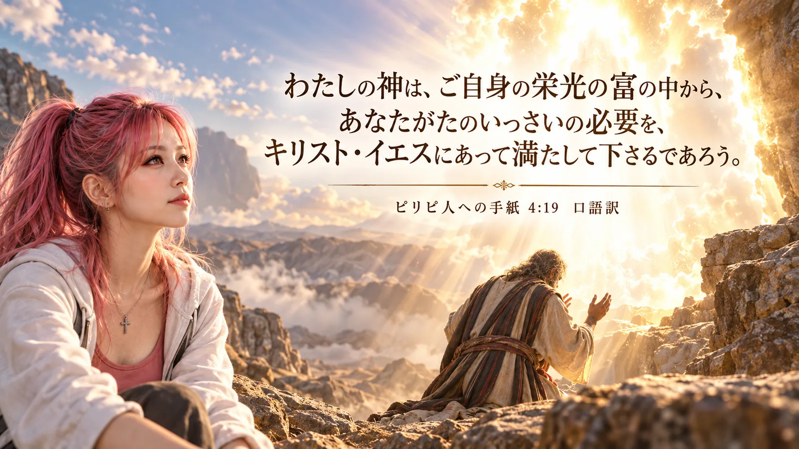 岩山の光景で、神の栄光を前に祈るモーセと、その場面を静かに見つめるピンク髪の女性。中央にピリピ人への手紙4章19節の御言葉が大きく配置された朝Messageの見出し画像。