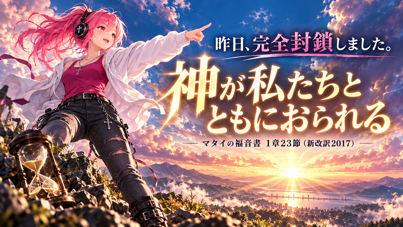 朝焼けの山々と未来を力強く指差すピンク髪のはらぺこ僧侶。砂時計を手前に、見出し『昨日、完全封鎖しました。』と御言葉『神が私たちとともにおられる』（マタイ1章23節、新改訳2017）が大きく描かれる。