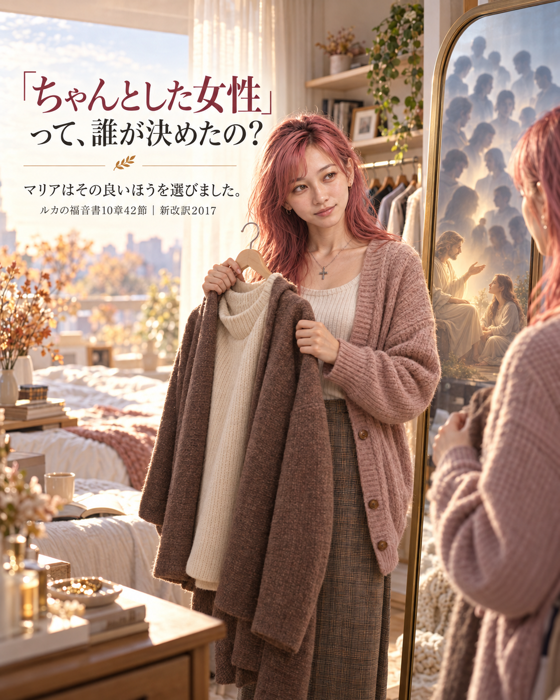 秋の朝、ピンク髪のはらぺこ僧侶が鏡の前で服を選ぶ。鏡には世間の期待を象徴する人影と、イエスさんの話を聞くマリア。見出し「ちゃんとした女性」って、誰が決めたの？とルカ10章42節の御言葉。
