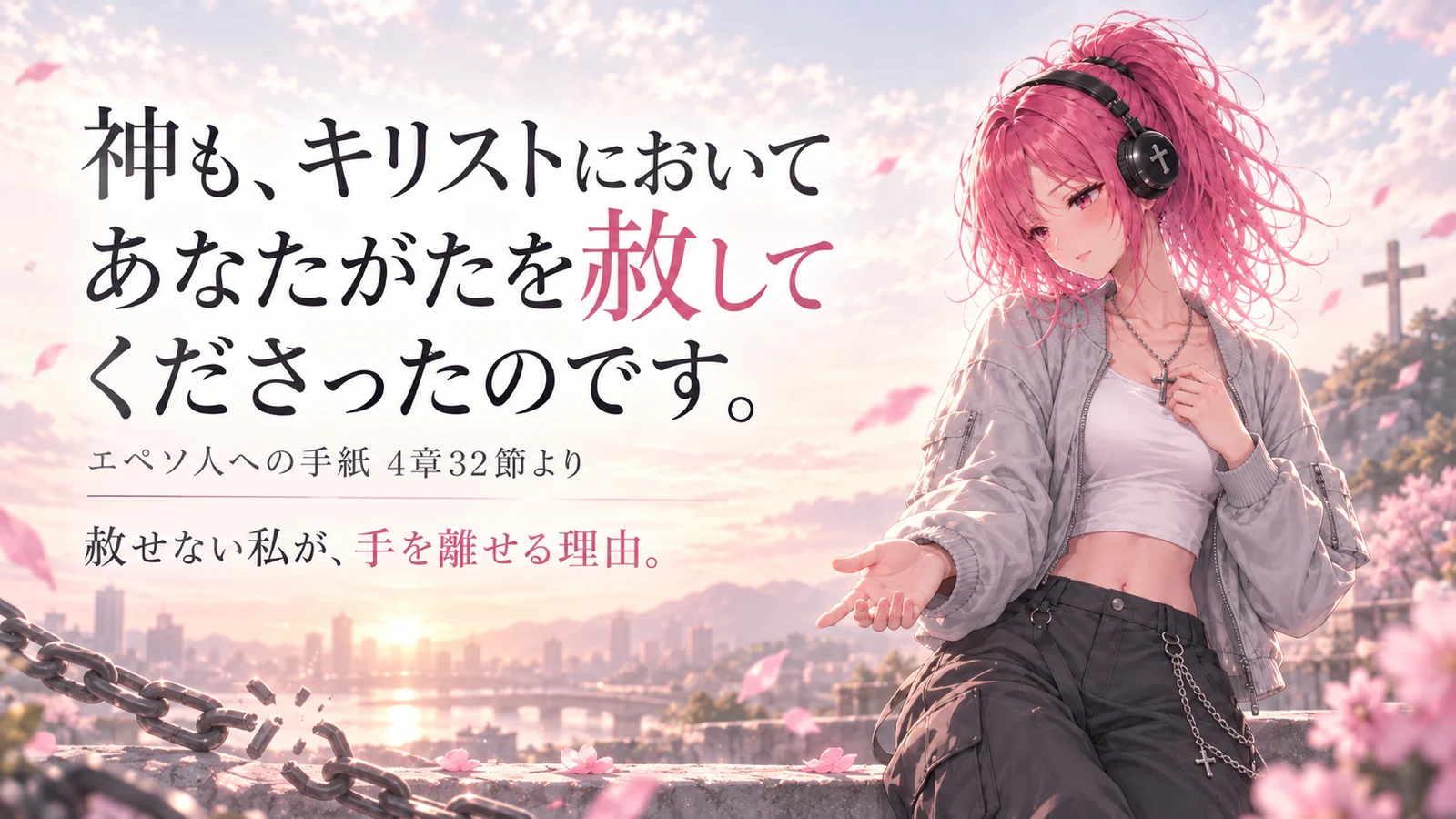 朝焼けの中、十字架のネックレスに手を添え、もう一方の手を静かに開くはらぺこ僧侶。手前には切れた鎖があり、エペソ人への手紙4章32節の「神も、キリストにおいてあなたがたを赦してくださったのです。」という御言葉が大きく描かれている。