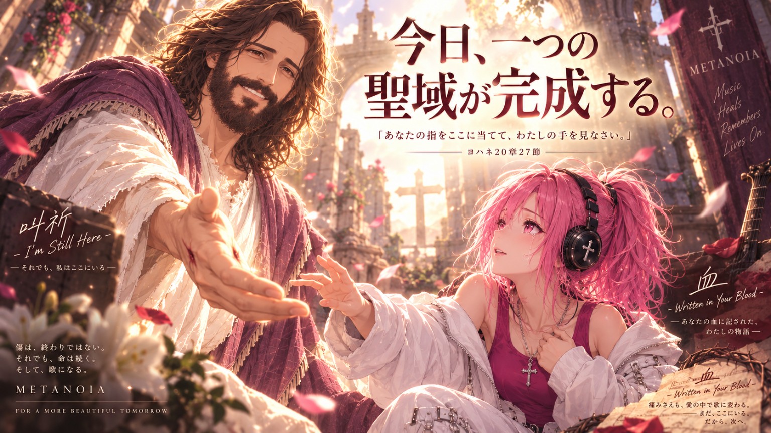 光の中で手を差し伸べるイエスさんと、祈りを抱くピンク髪の人物が向き合う朝Messageの画像