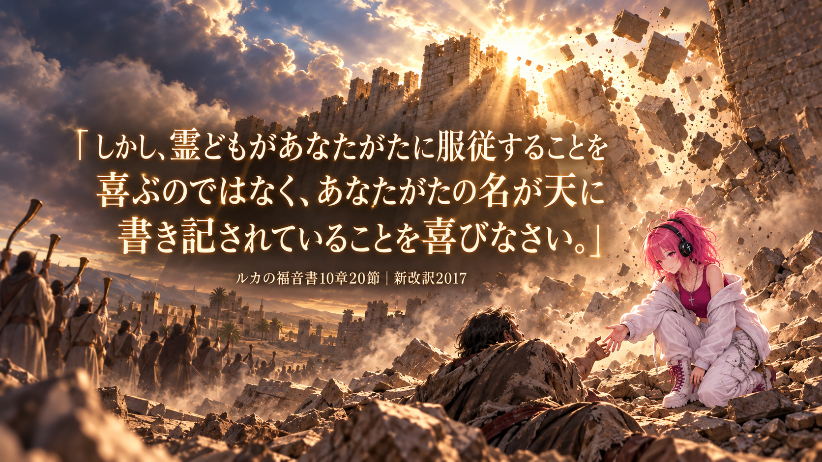 エリコを思わせる城壁が崩れ落ちる中、ピンク髪のはらぺこ僧侶が倒れた人に手を差し伸べる。空にはルカの福音書10章20節の御言葉が大きく描かれた見出し画像。