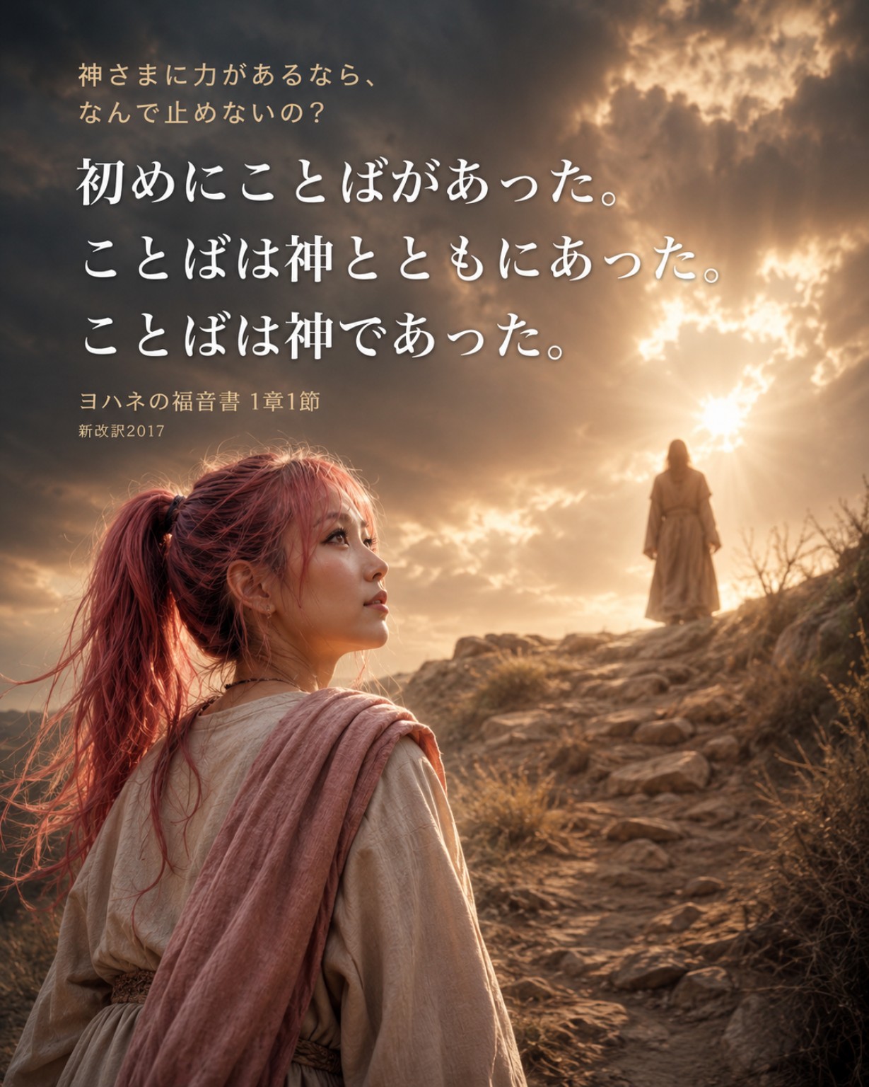 約2000年前を思わせる岩山の道で、ピンク髪のはらぺこ僧侶が逆光のイエスさんのシルエットを見上げる実写風の見出し画像。『神さまに力があるなら、なんで止めないの？』とヨハネの福音書1章1節の御言葉を掲載
