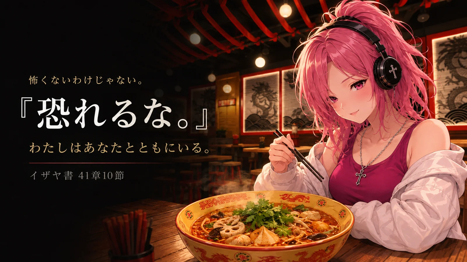 麻辣湯の店内で「恐れるな。わたしはあなたとともにいる。」（イザヤ書41章10節）を掲げ、麻辣湯を前にしたはらぺこ僧侶を描いた朝Messageの見出し画像
