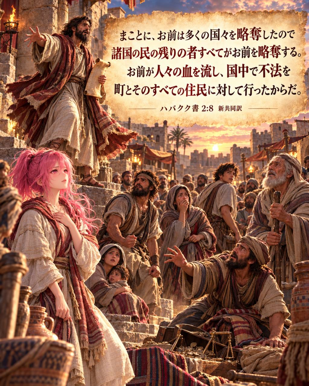 ハバクク書2章8節（新共同訳）の引用が載った画像。古代の町並みを背景に、語りかける人物と集まった人々が描かれている。
