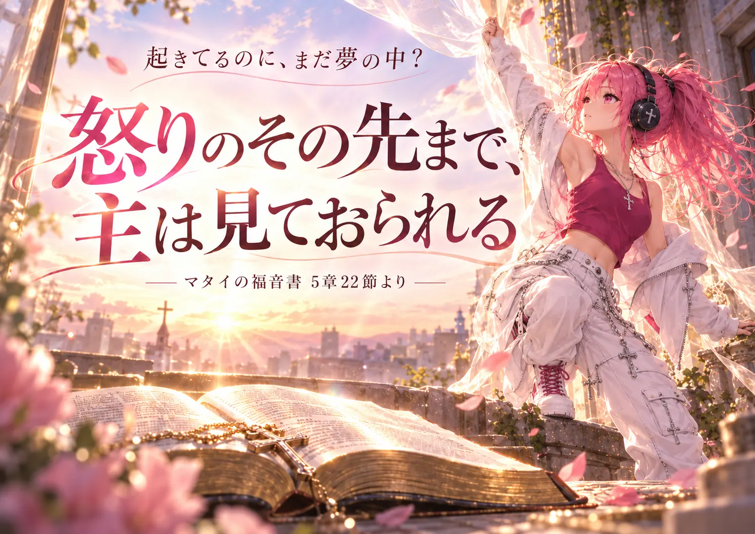 朝焼けの光の中、開かれた聖書を前景に、ピンク髪の女性が風に舞うカーテンへ手を伸ばし、「怒りのその先まで、主は見ておられる」「マタイの福音書5章22節より」と大きく配置された朝Messageの見出し画像。