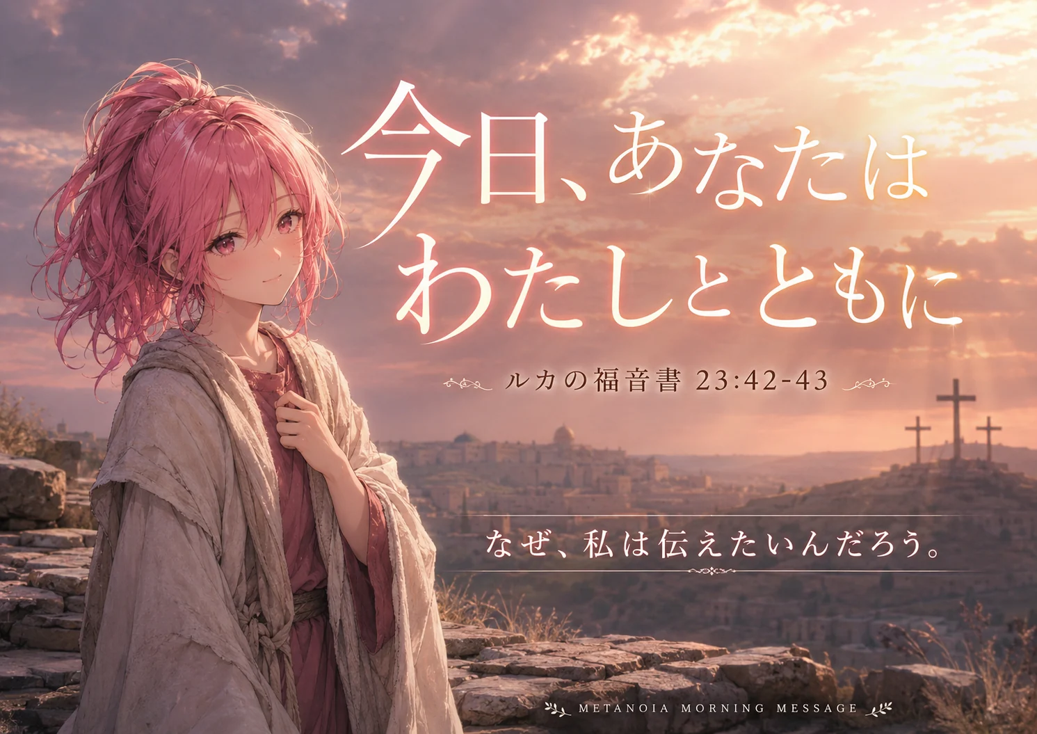 ルカの福音書23章42–43節の「今日、あなたは わたしとともに」を大きく配置し、古代ユダヤの風景と三つの十字架、当時の装いのはらぺこ僧侶を描いた朝Message見出し画像