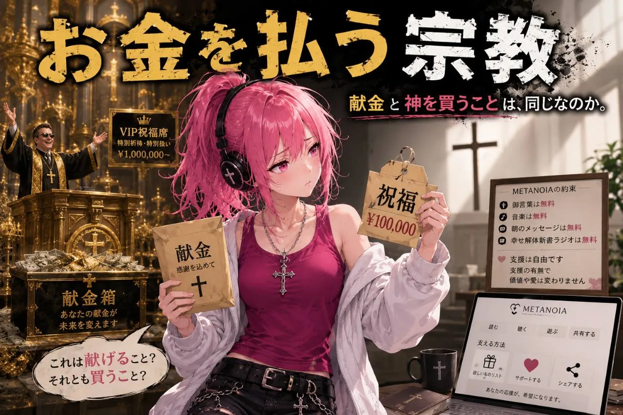 献金袋と「祝福 ¥100,000」の値札を手に、献金と神の恵みの違いを問いかけるピンク髪のはらぺこ僧侶の風刺的な見出し画像