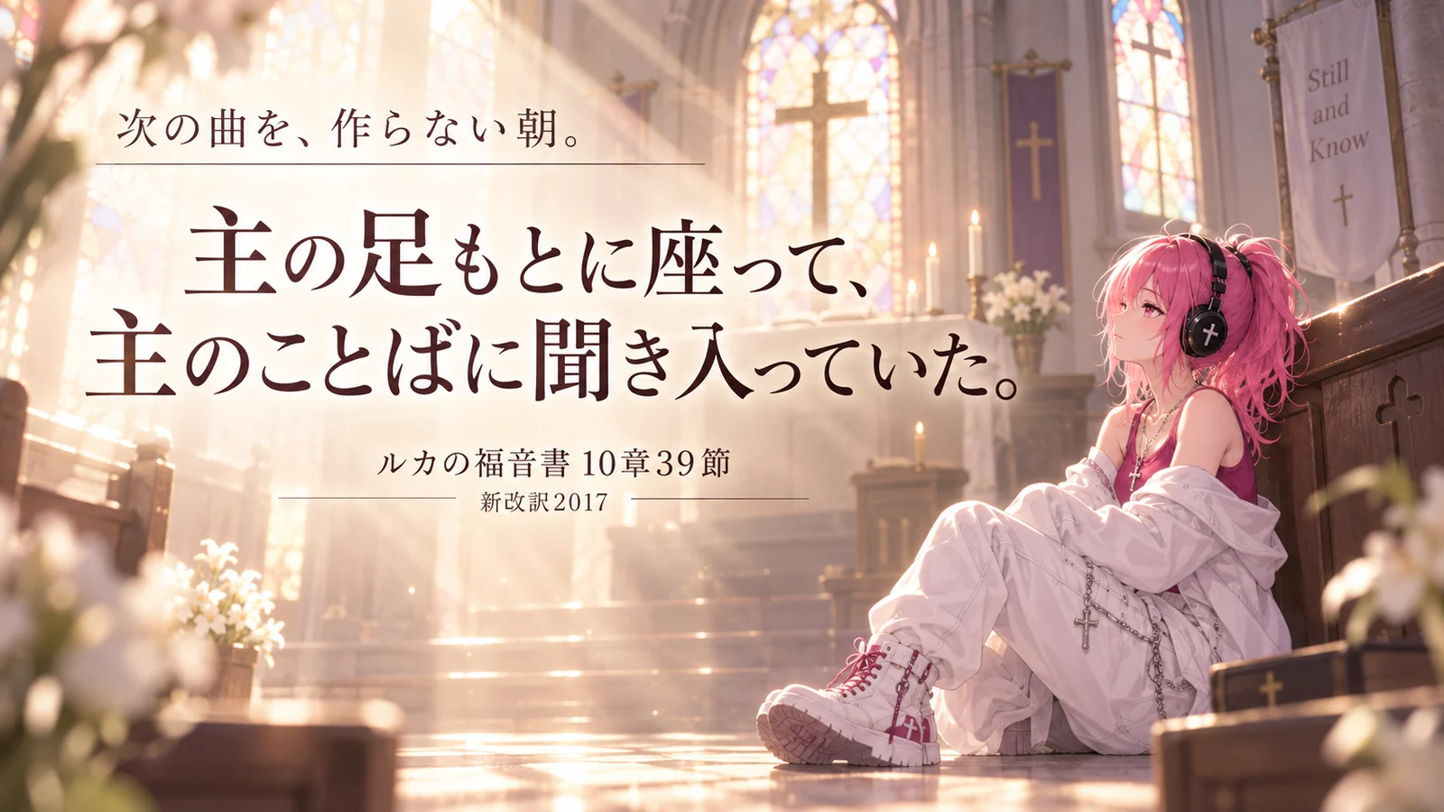 ステンドグラスの光が差し込む教会で、ヘッドホンをつけたピンク髪の人物が主のことばに耳を傾けている見出し画像