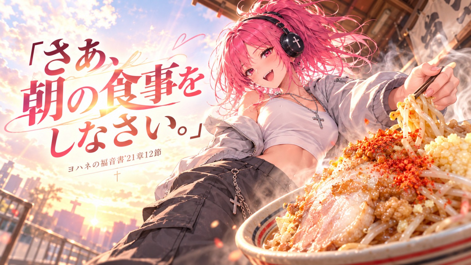 朝日に照らされた街で、ピンク髪の女性がラーメンを差し出し、左側に「さあ、朝の食事をしなさい。」とヨハネの福音書21章12節が大きく配置された朝Messageの見出し画像。