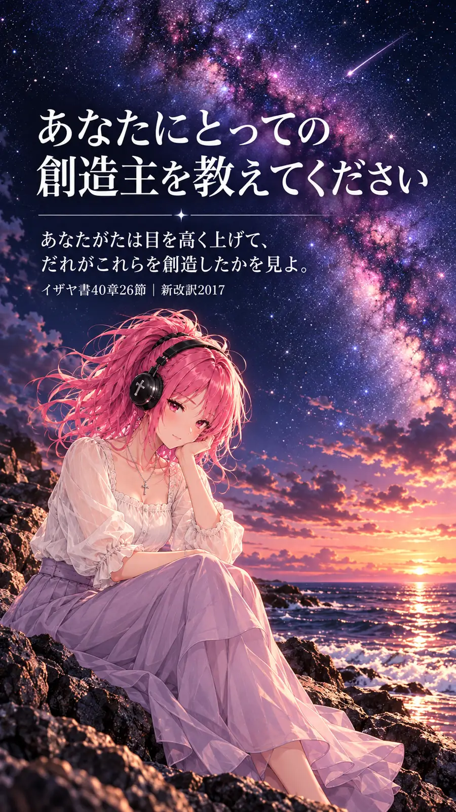 満天の星と海辺で、ピンクのポニーテールのはらぺこ僧侶が岩に腰掛けている。「あなたにとっての創造主を教えてください」という問いとイザヤ書40章26節が描かれている。