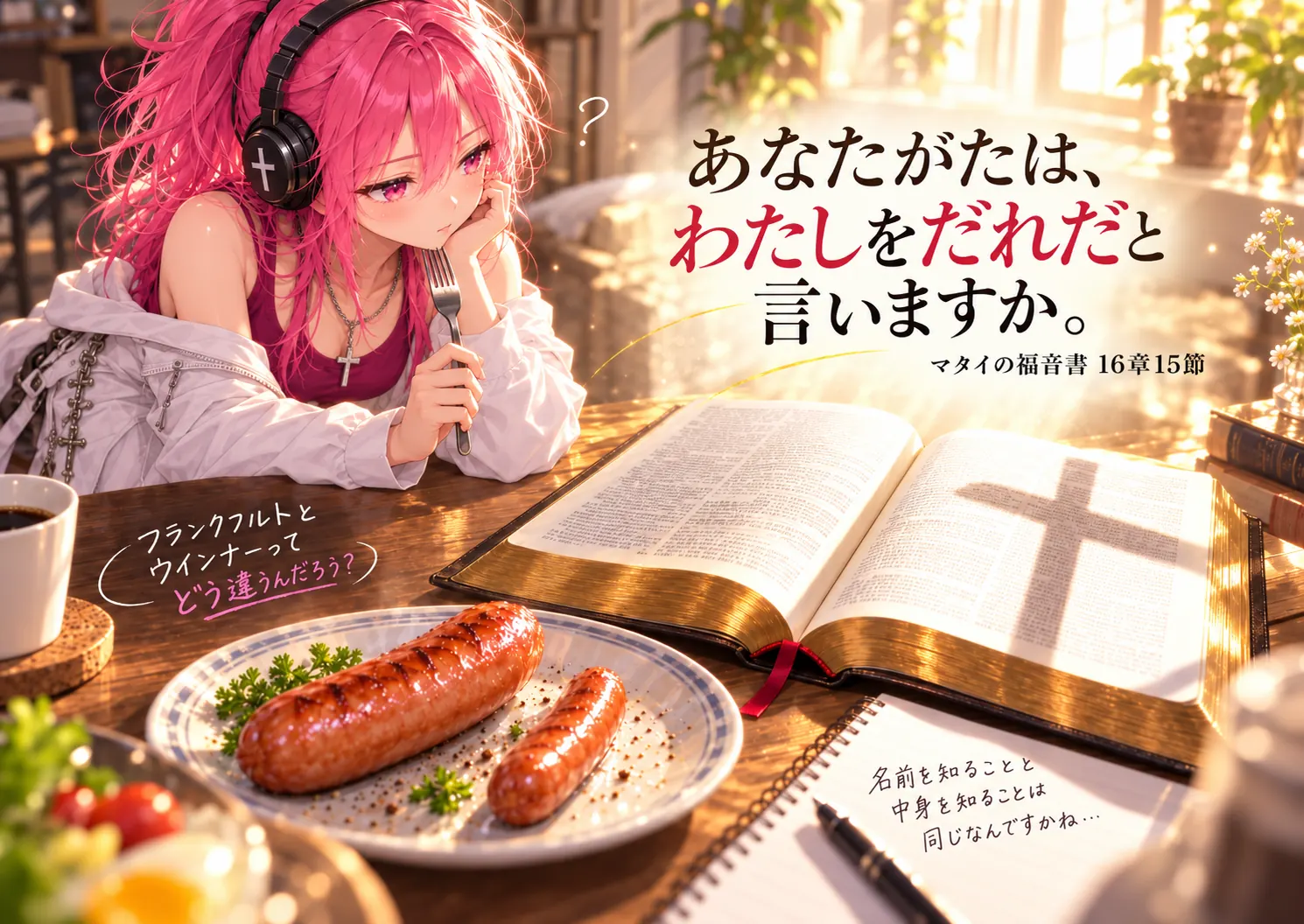 二本のソーセージと開いた聖書を前に考えるはらぺこ僧侶。マタイの福音書16章15節「あなたがたは、わたしをだれだと言いますか。」が主役の朝Message見出し画像