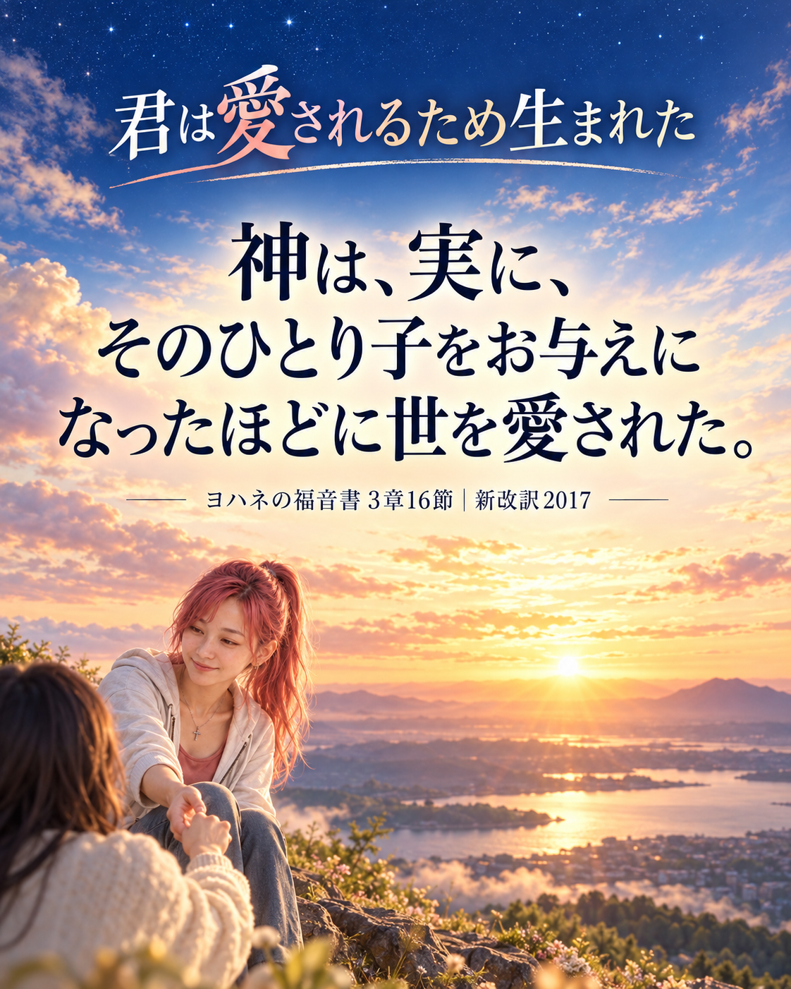 深い星空から金色の朝焼けへ移る大地と空。ヨハネの福音書3章16節の御言葉を大きく掲げ、画面下部では高いポニーテールのはらぺこ僧侶が誰かにそっと手を差し伸べている縦長の見出し画像。