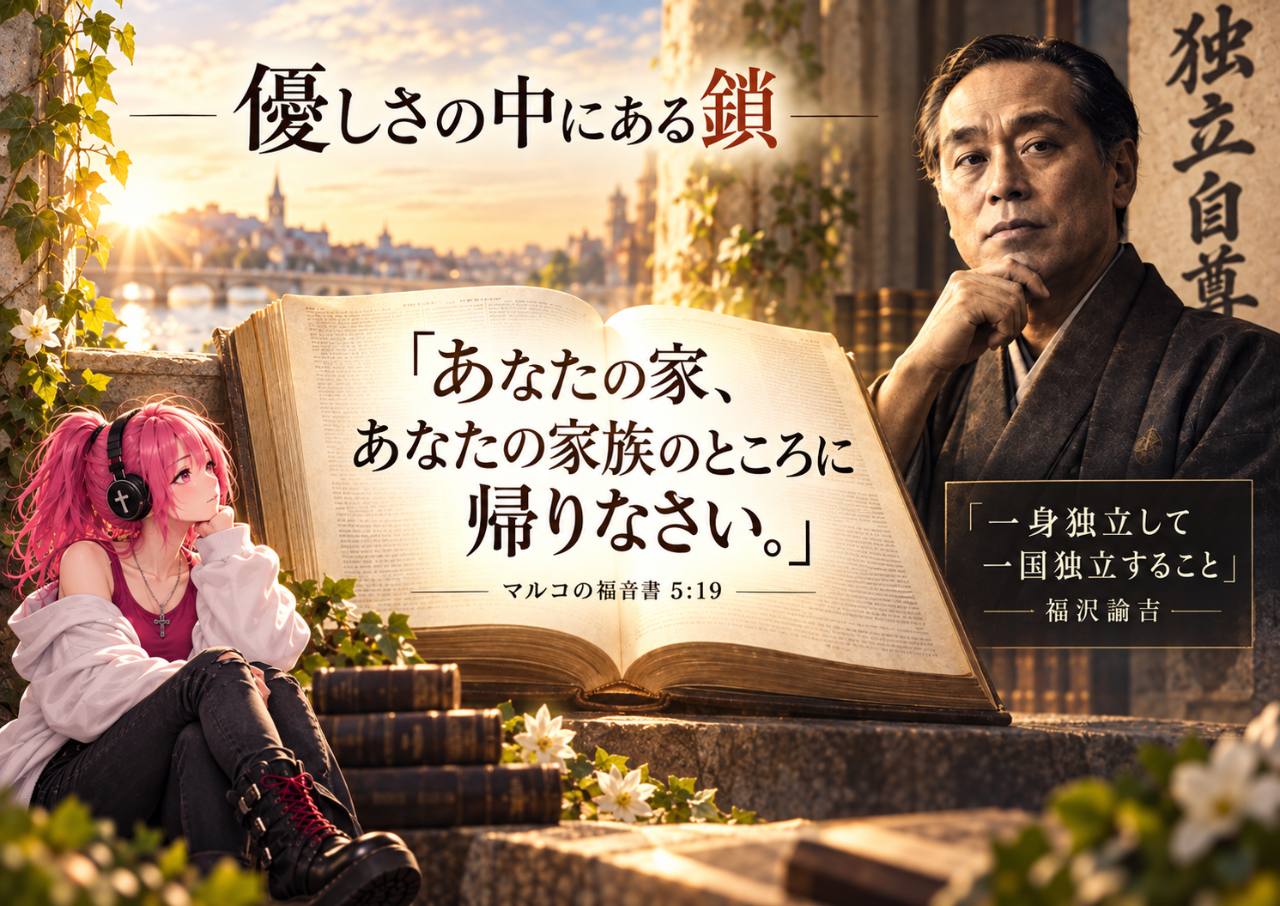 「優しさの中にある鎖」と書かれた開いた聖書と人物の情景