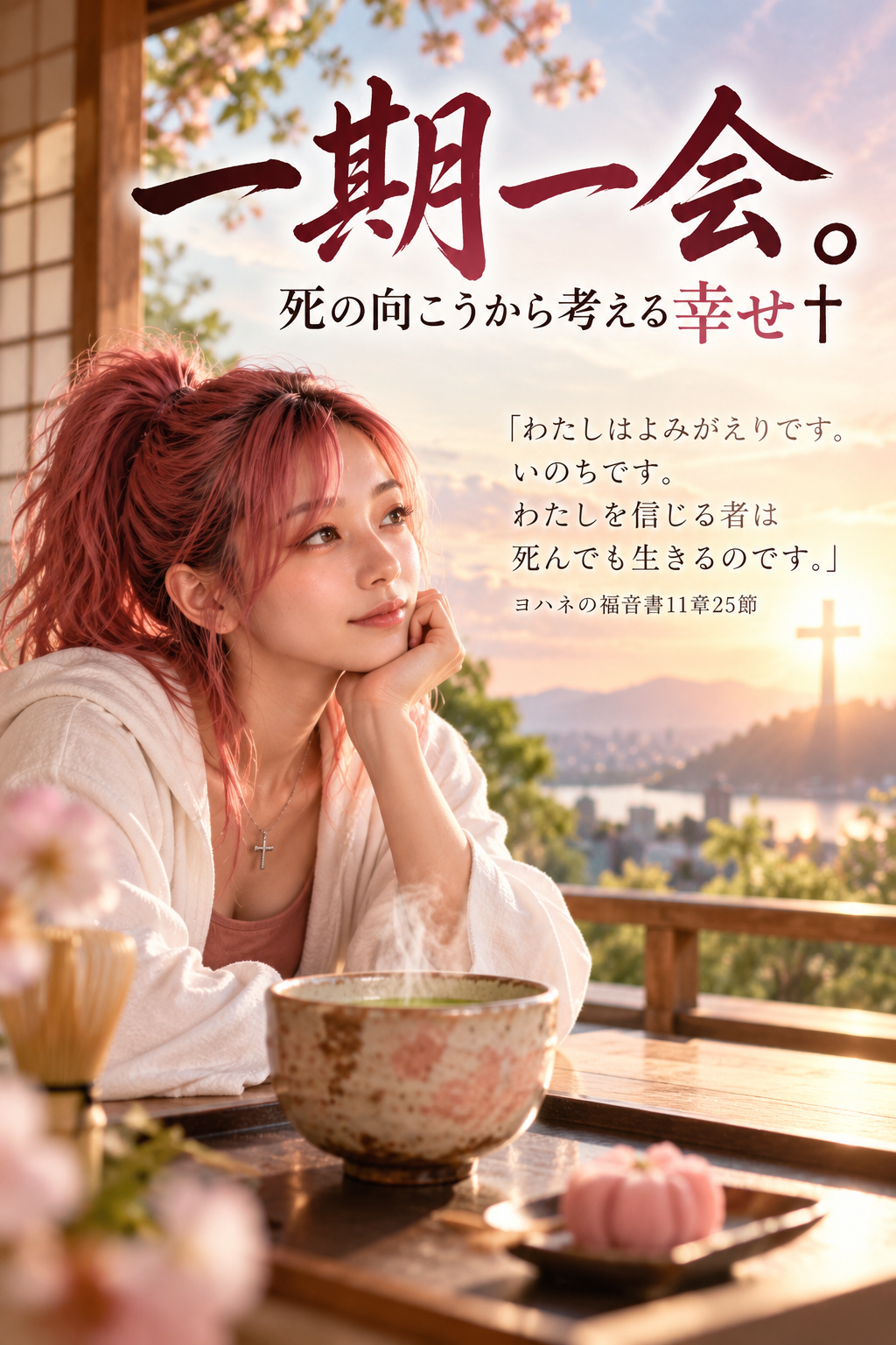 朝の茶室でお茶を前にした高いピンク色のポニーテールのはらぺこ僧侶。朝焼けの空と十字架を背景に、「一期一会。」の見出しとヨハネの福音書11章25節の御言葉が描かれた縦長画像。