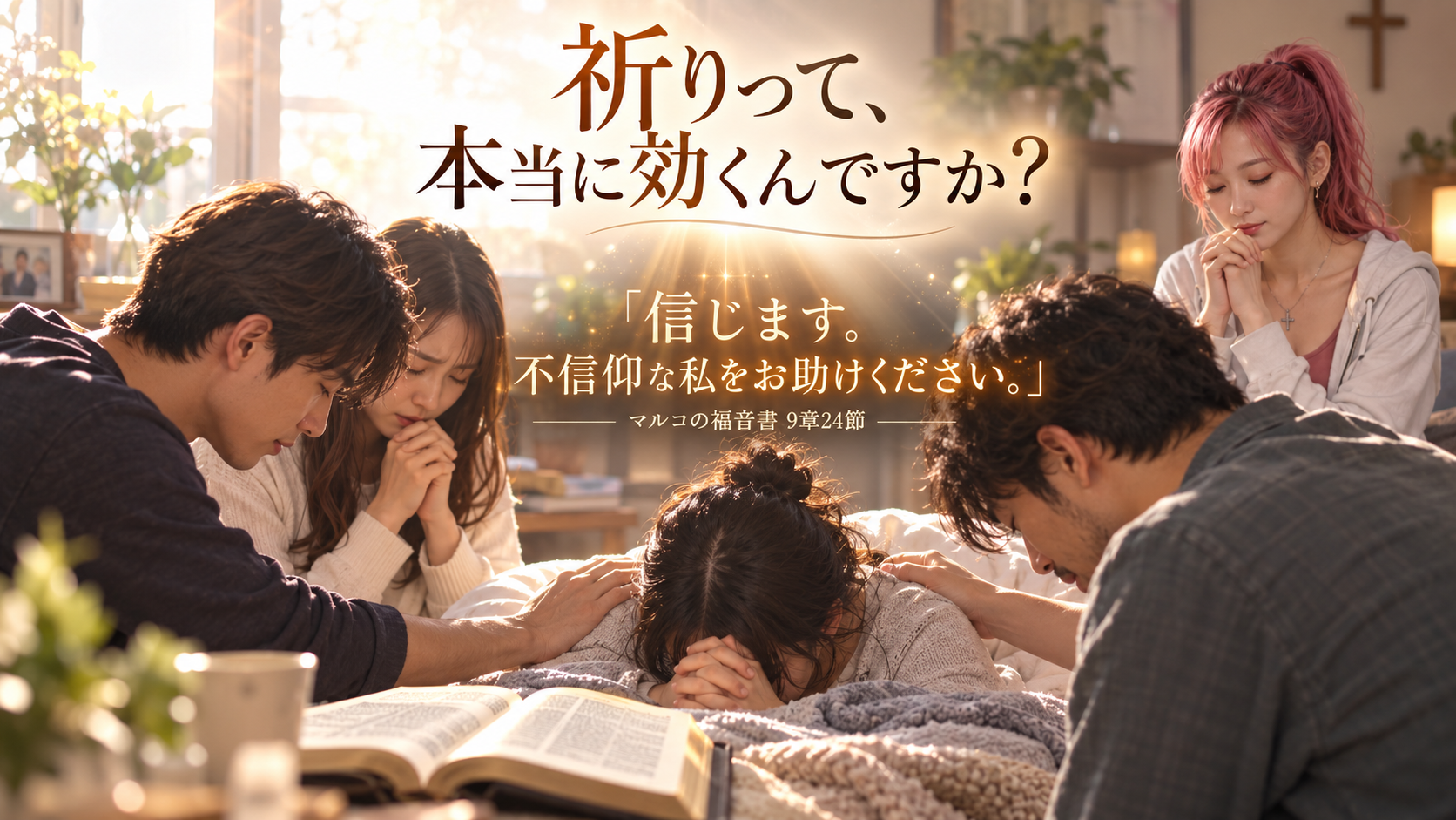 ベッドで祈る女性と、その周囲で祈る人々。開かれた聖書のそばに、「信じます。不信仰な私をお助けください。」とマルコの福音書9章24節の引用が配置された朝Messageの見出し画像。