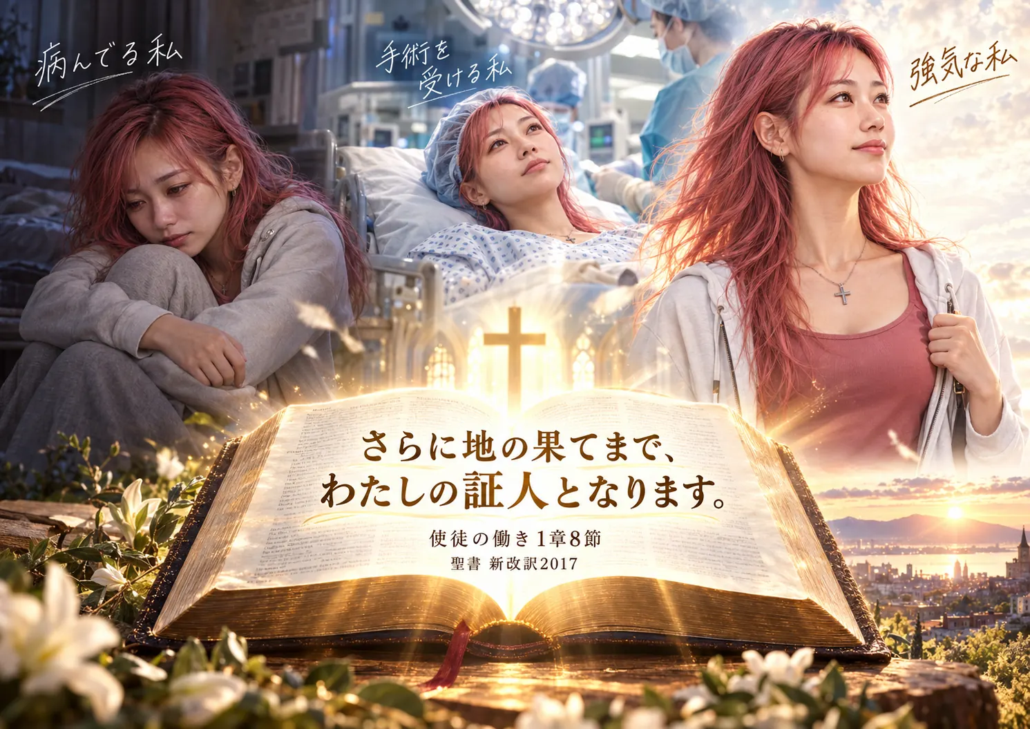病んでいる時、手術を受ける時、強気に前を向く時のはらぺこ僧侶を一枚に描き、中央の開かれた聖書に使徒の働き1章8節「さらに地の果てまで、わたしの証人となります。」を置いた朝Message見出し画像