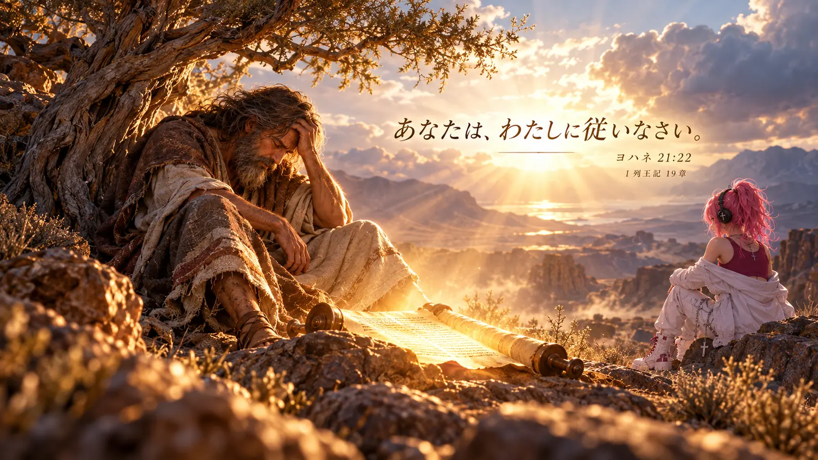 荒野の木の下で疲れ切ったエリヤさんを、少し離れた場所からはらぺこ僧侶が見つめる夜明けの場面。「あなたは、わたしに従いなさい。」「ヨハネ21:22」「Ⅰ列王記19章」と記された朝Messageの見出し画像。