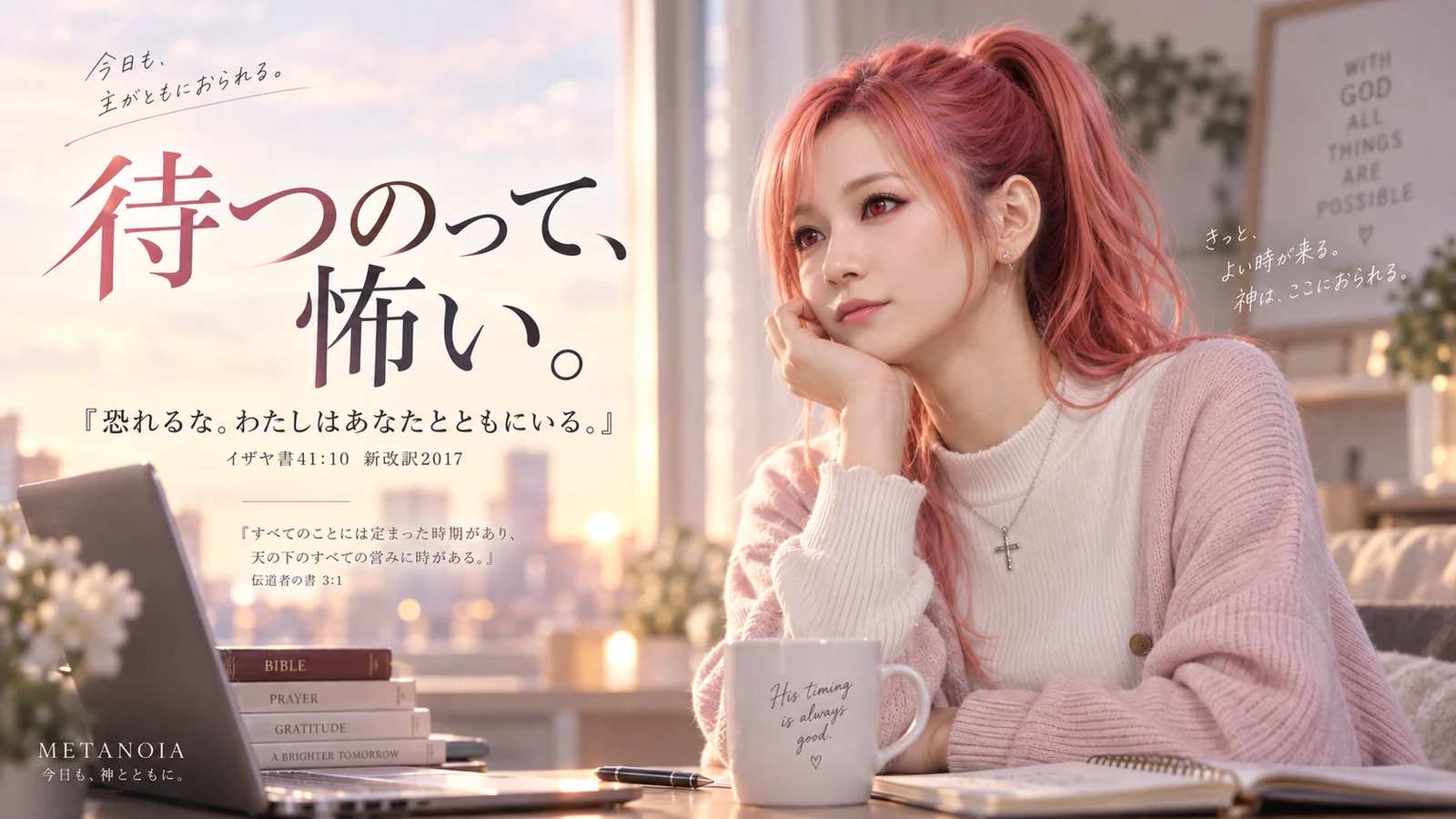 朝の窓辺で、ピンク髪のはらぺこ僧侶がノートPCの前に座り、静かに待つ時間を見つめる見出し画像。『待つのって、怖い。』と『恐れるな。わたしはあなたとともにいる。』イザヤ書41章10節を掲載