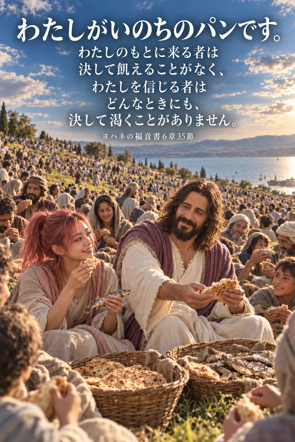 ガリラヤ湖畔の丘で、イエスさんとはらぺこ僧侶と大勢の民衆がパンと魚を食べている。上部にヨハネの福音書6章35節「わたしがいのちのパンです」の御言葉が大きく描かれている。