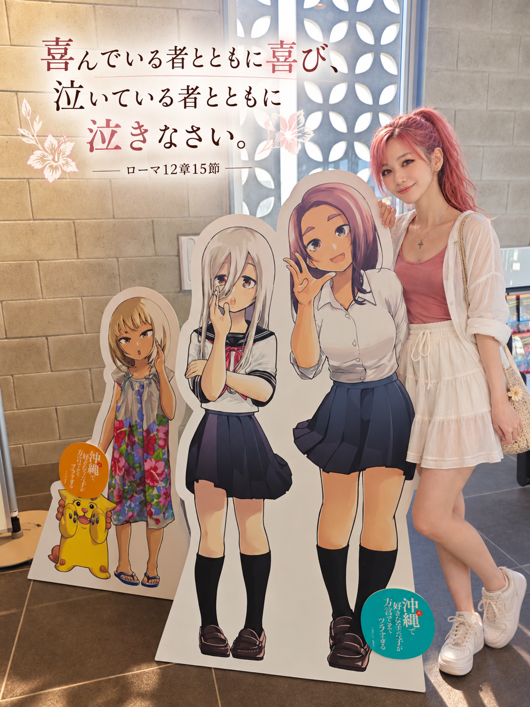 勝連城跡の『沖ツラ』キャラクターパネルのそばに立つはらぺこ僧侶。ローマ12章15節「喜んでいる者たちとともに喜び、泣いている者たちとともに泣きなさい。」を主役にした朝Message見出し画像