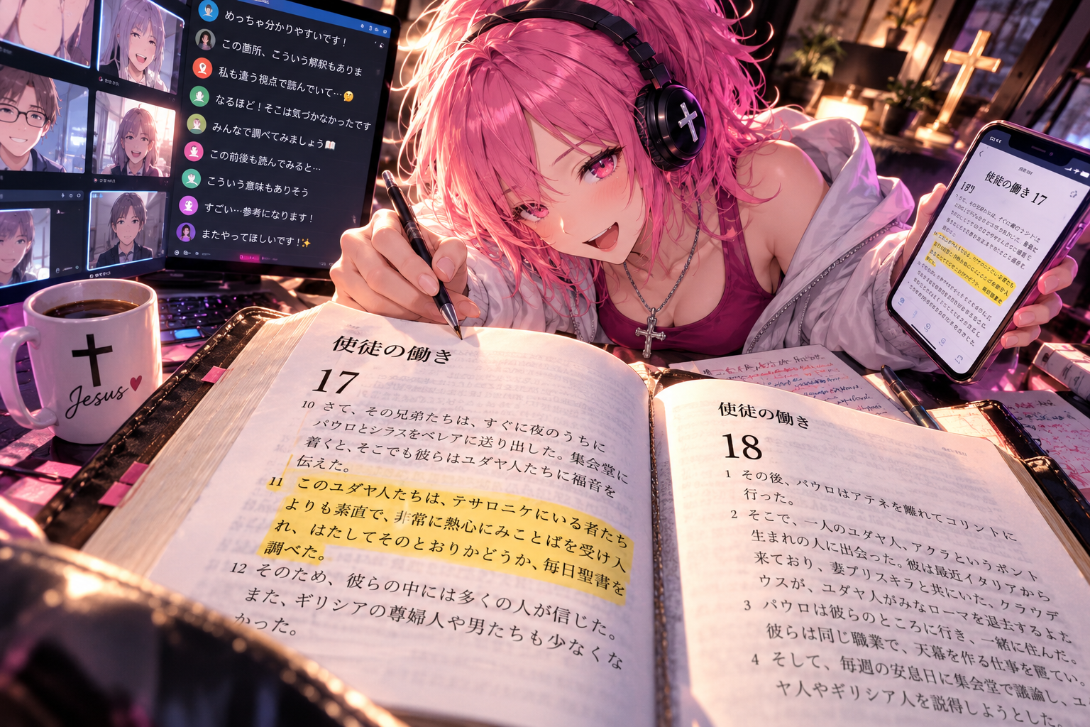 開いた聖書を前に、スマートフォンとパソコンを使ってオンラインのバイブルスタディに参加する、ピンク髪のはらぺこ僧侶。