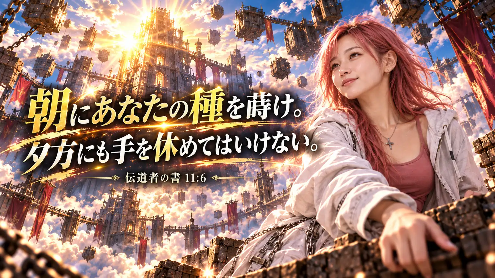 空に浮かぶ城塞都市を背景に、十字架のネックレスを着けたピンク髪の女性が朝日に照らされている。左側に「朝にあなたの種を蒔け。夕方にも手を休めてはいけない。」と伝道者の書11章6節が大きく配置された朝Messageの見出し画像。