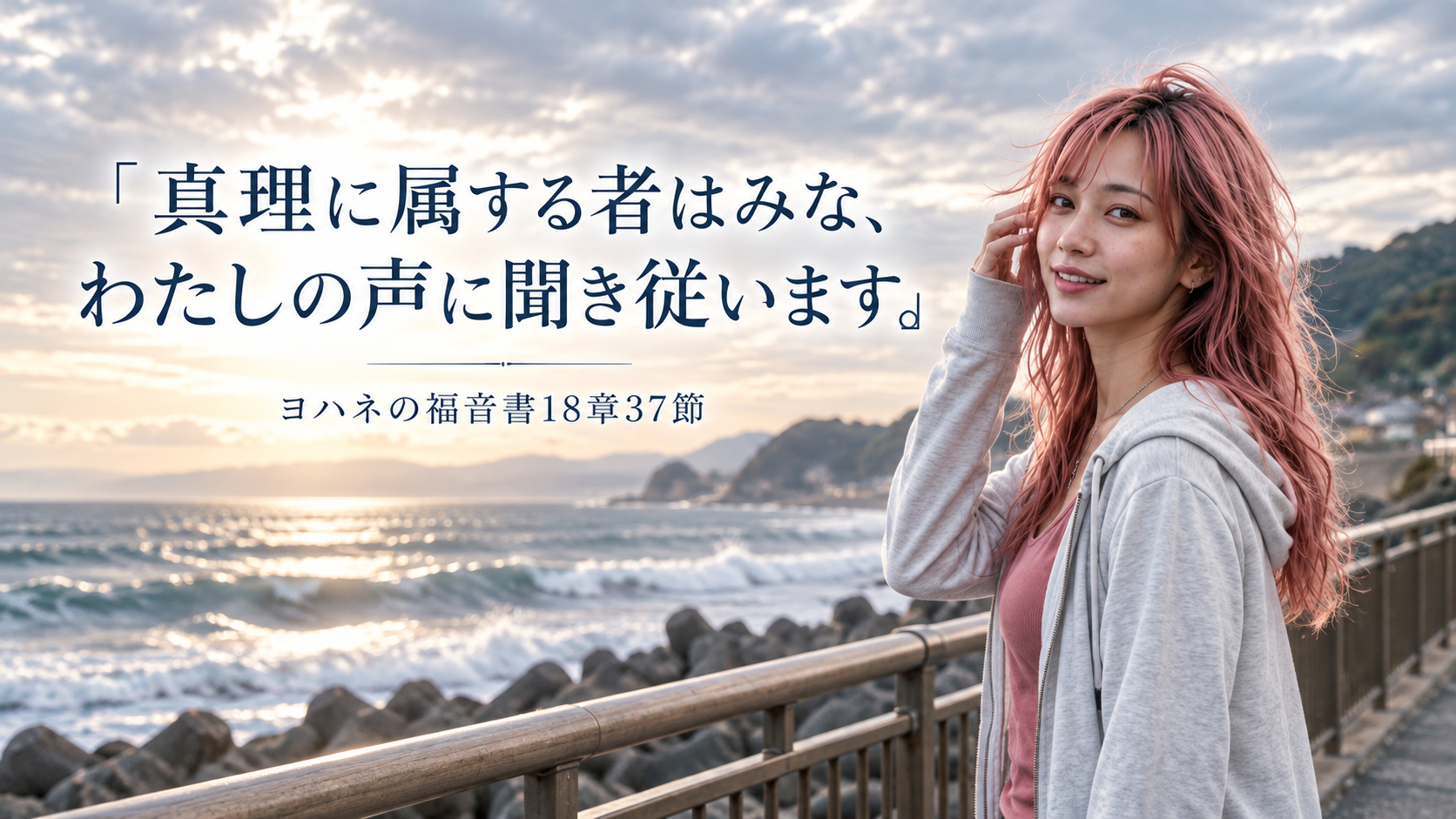 朝の海辺に立つピンク髪のはらぺこ僧侶と、空に大きく掲げた「真理に属する者はみな、わたしの声に聞き従います。」ヨハネの福音書18章37節の御言葉。