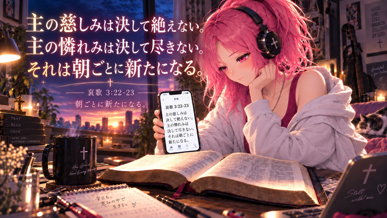 夜明け前の自宅で、スマホの聖書アプリと開いた聖書、飲み物を前に、御言葉を読むはらぺこ僧侶。画像には哀歌3章22-23節「主の慈しみは決して絶えない。主の憐れみは決して尽きない。それは朝ごとに新たになる。」が大きく表示されている。