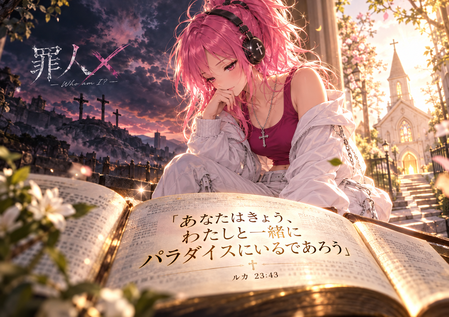 ルカの福音書23章43節のパラダイスの約束が大きく記された開いた聖書を見つめるピンク髪のはらぺこ僧侶。左に三本の十字架、右に朝日に照らされた教会を描いた半リアルアニメの見出し画像。