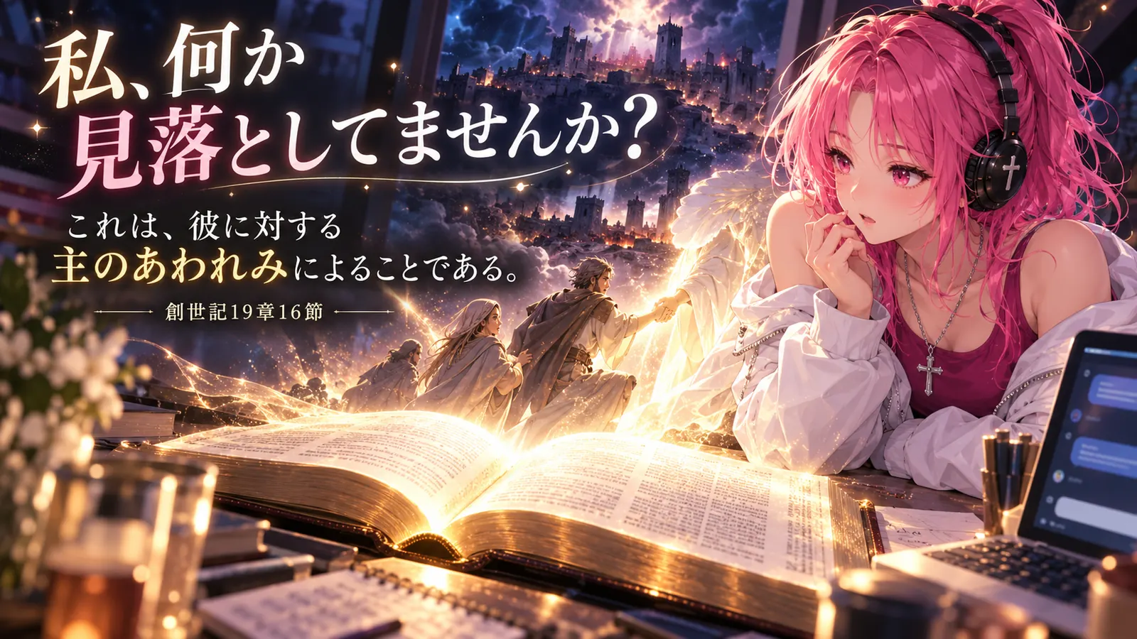 開かれた聖書を前に、ピンク髪のはらぺこ僧侶が考え込む姿と、滅びゆく町から御使いに手を引かれて逃れるロトたち。「私、何か見落としてませんか？」と創世記19章16節の御言葉を大きく配置した見出し画像。