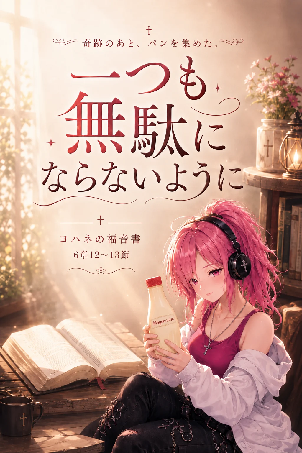 「一つも無駄にならないように」の御言葉を主役に、開かれた聖書とマヨネーズを持つはらぺこ僧侶を朝の光の中に描いた見出し画像